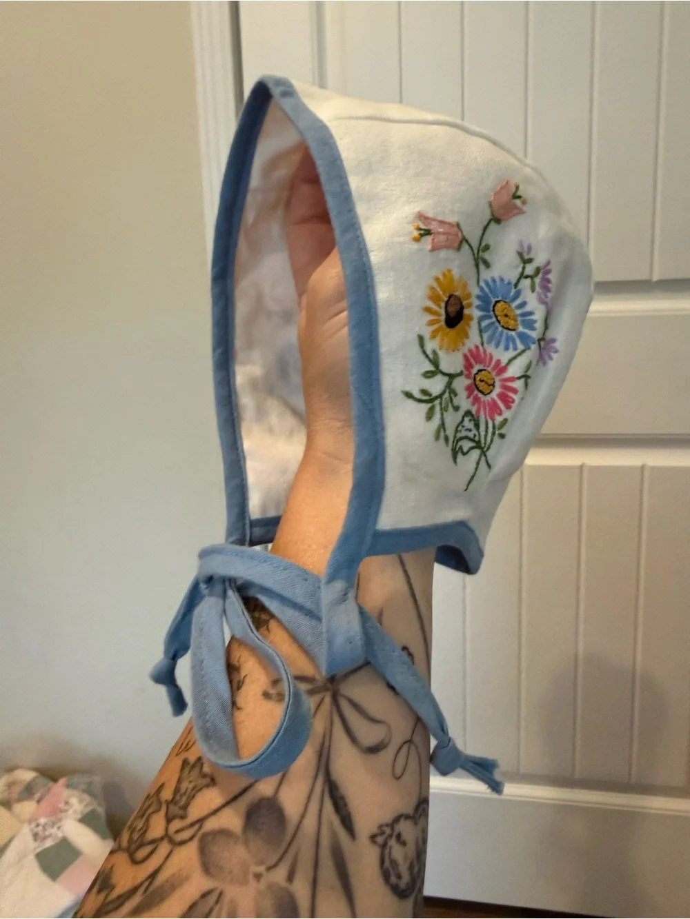 Embroidered Floral Kids Bonnet in Cream with Blue Trim